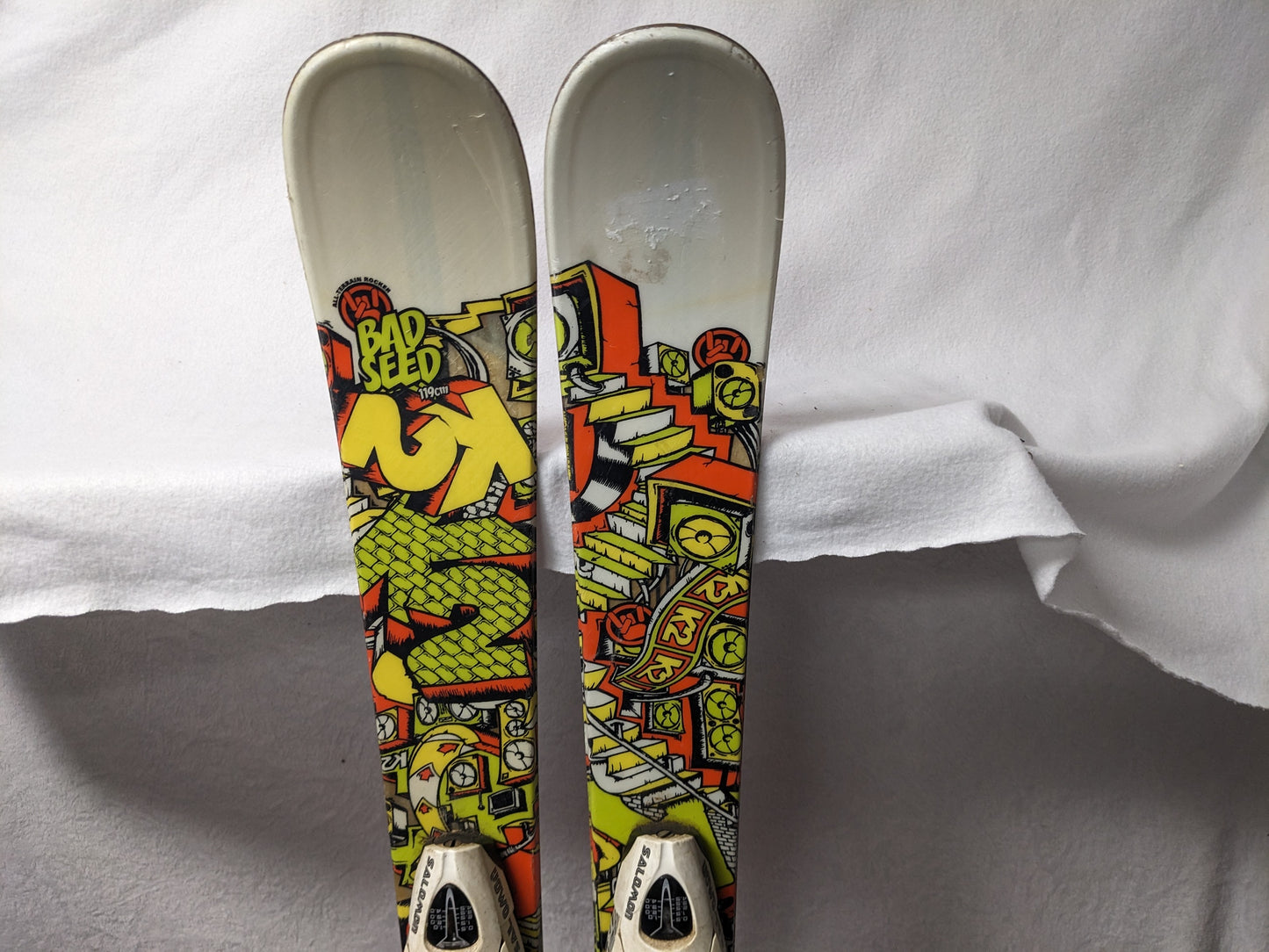 K2 Bad Seed Twin Tip Skis Salomon Binding Size 119 Cm Color White Condition Used