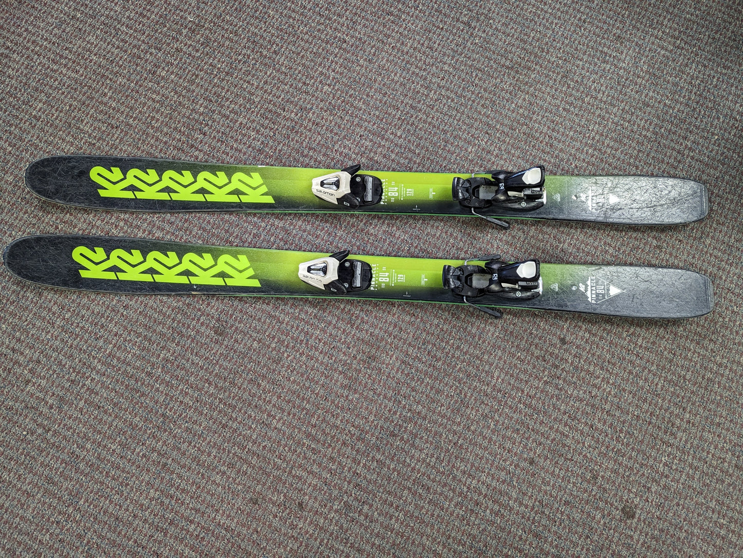 K2 Pinnacle 84 Skis w/Salomon Bindings Size 129 Cm Color Green Condition Used