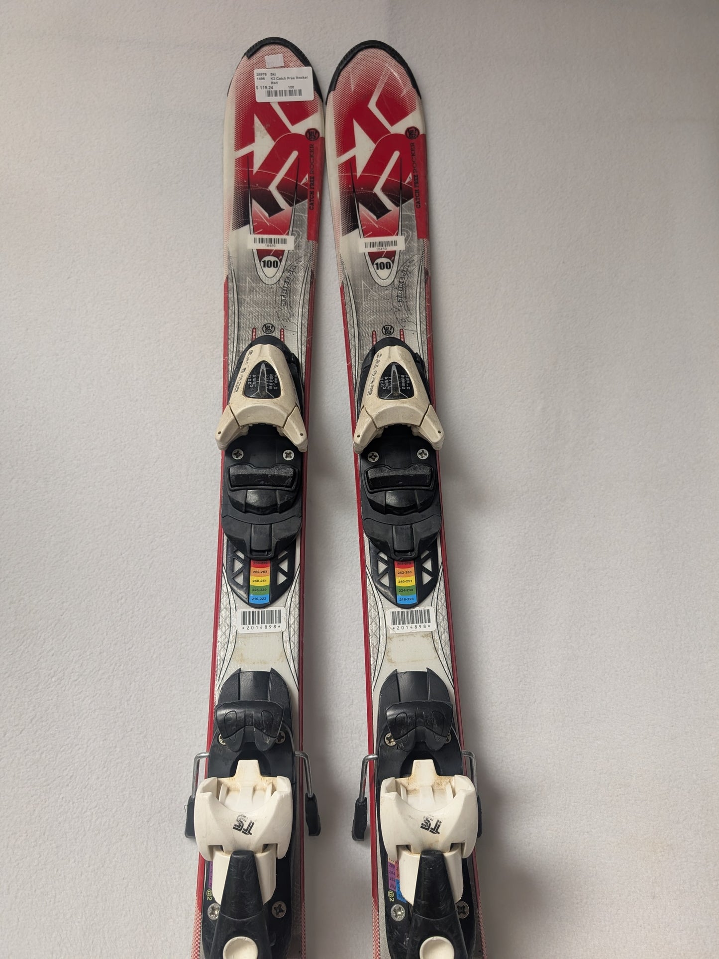 K2 Catch Free Rocker Skis w/Salomon T5 Bindings Size 100 Cm Color Red Condition Used