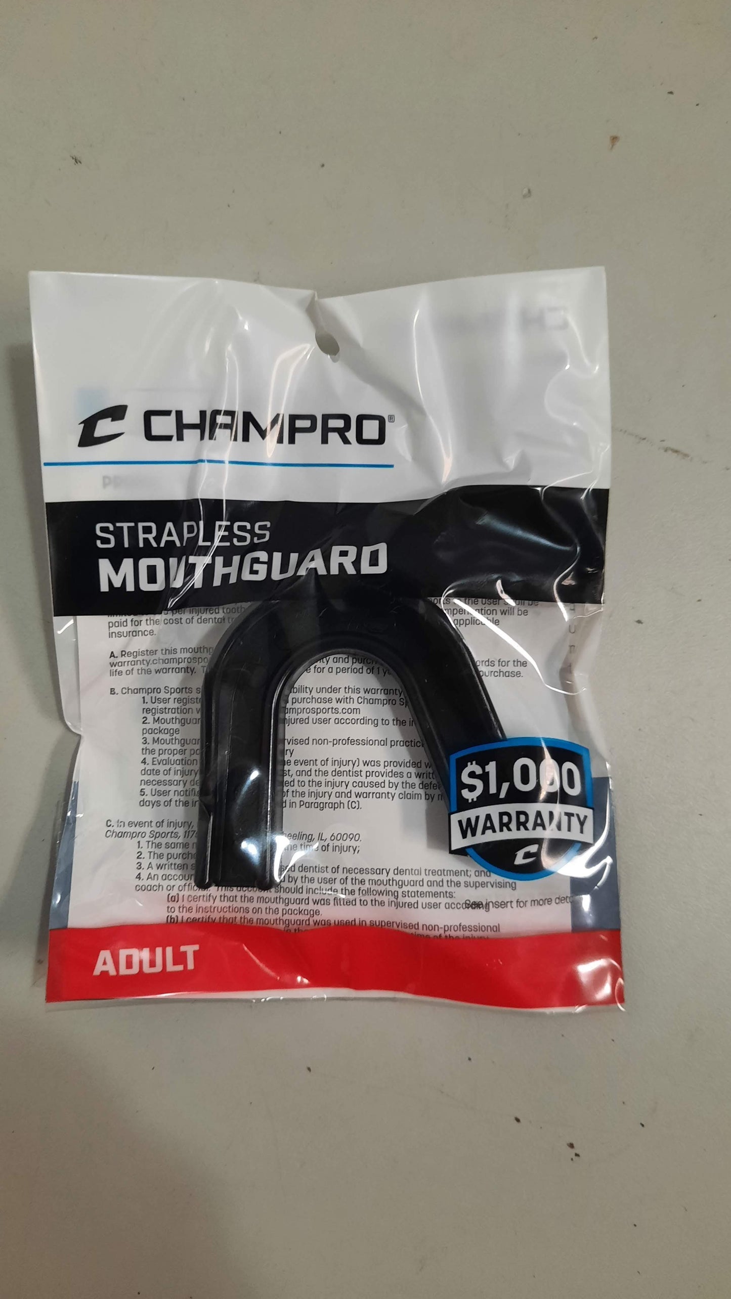 Champro Mouthguard, Black, Size: Adult, strapless New