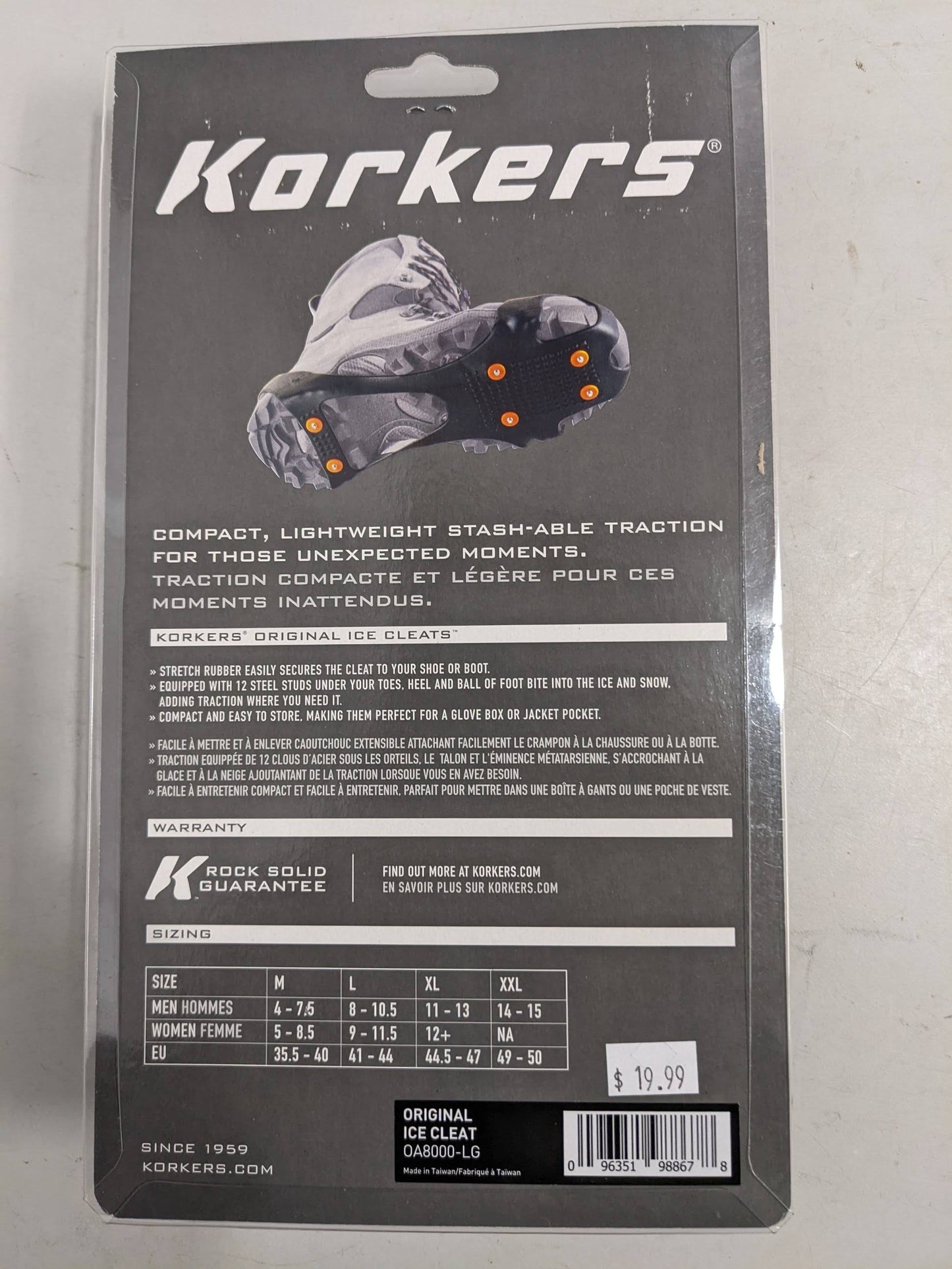 Korkers Original Ice Cleats Medium,  Large and XL, Gray New